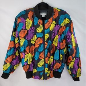 Carol Horn Vintage Retro Silk Feather Print Bomber Jacket Sz M